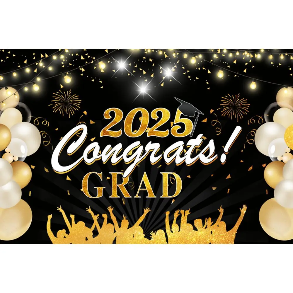 2025 Happy Graduation Backdrop Glitter Balloon Bachelor Cap Grad Class of Graduates Party Photography Background Decor