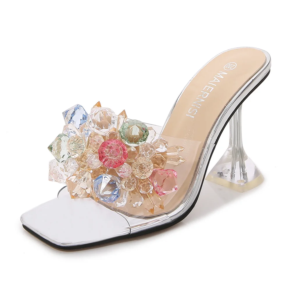 Sexy Rhinestones Party Women shoes Line Transparent Crystal Super High Heel Thick Heel Sandals New Women's  shoes