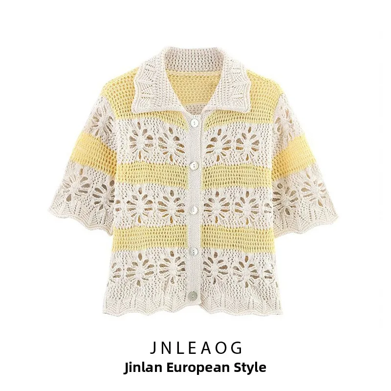 

JNLEAOG Spring New Women's Faion Knitted Me Top Polyester Fiber ort Sve Collar Open Cardigan Regular Fit Stripe...