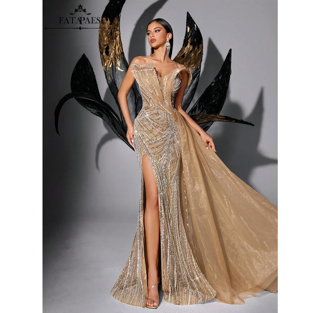 

FATAPAESE Luxury Arabic Dresses Beads Stones Mermai Evening Dresses for Eid al-Fitr Sexy Split Slit Side Train Prom Dresses Long