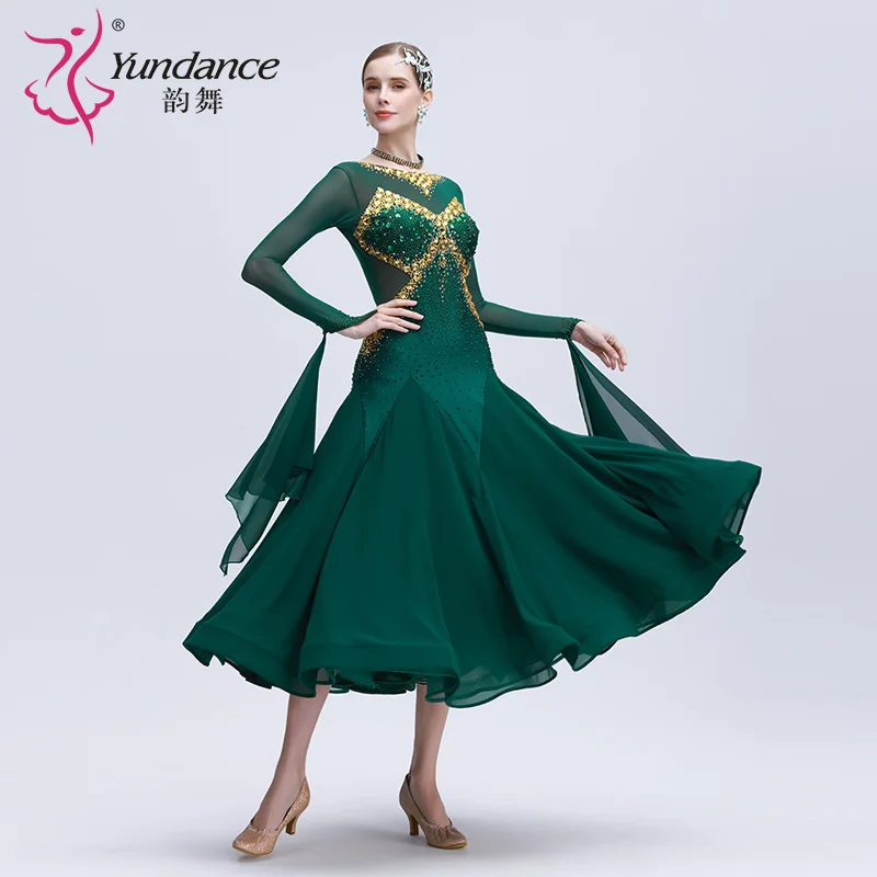 B-24227 Custom new rhinestone dress standard ballroom dance high quality green chiffon long ballroom dancing dress for sale