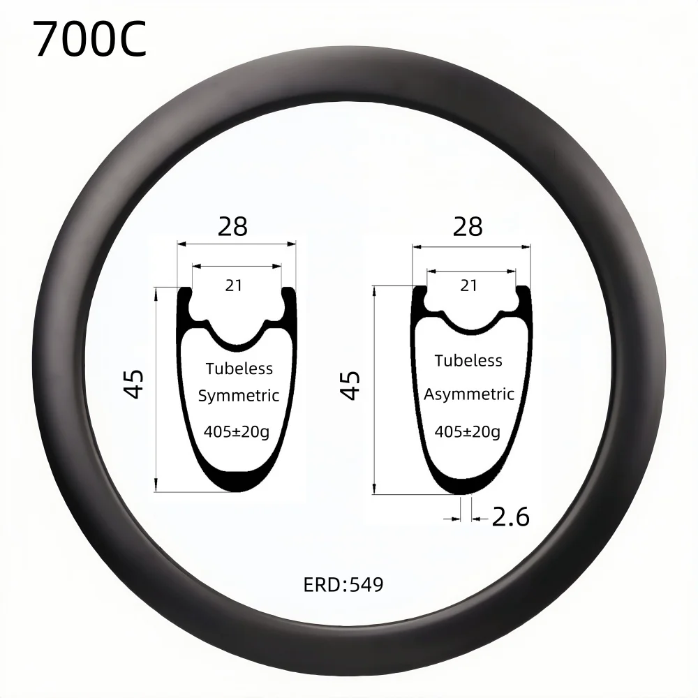 700C 28mm wide 45mm Depth Super Light Carbon Rim UD Matte Tubeless Carbon Rims Symmetry/Asymmetry