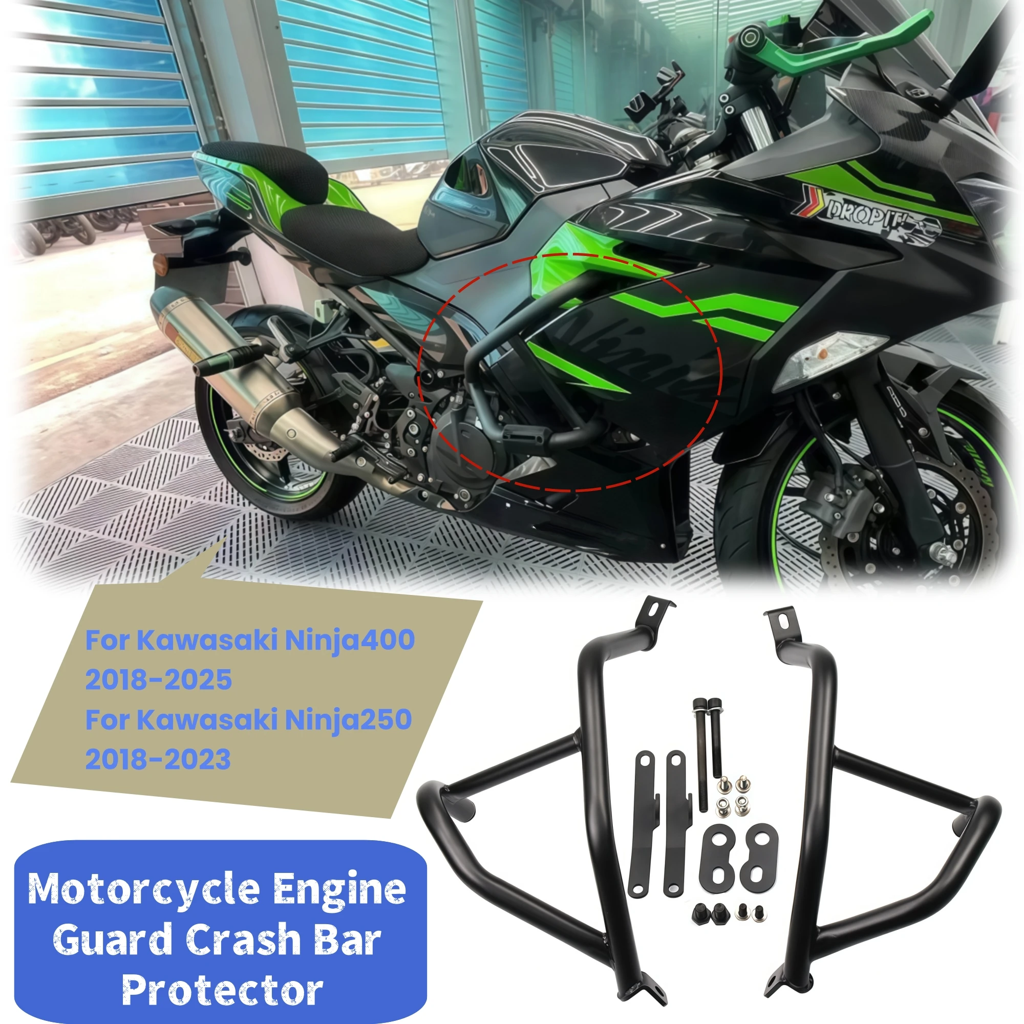 

Motorcycle Engine Guard Highway Crash Bars Bumper Anti Drop Bar Tank Protector For Kawasaki Ninja 400 250 2018-2025 EX400 Z400
