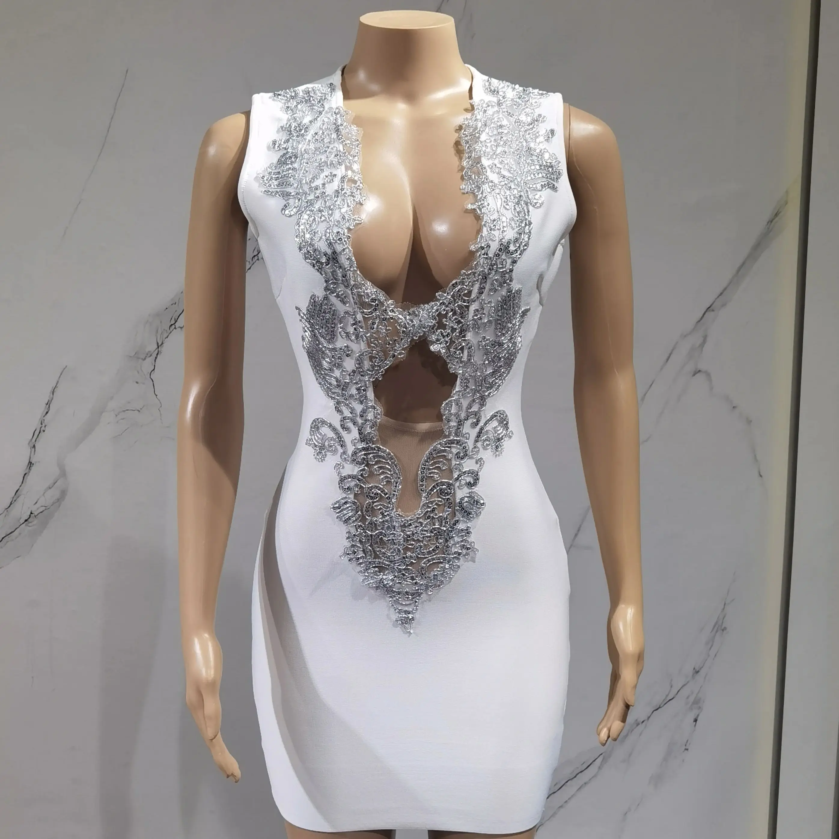 

Women 2025 Sexy V Neck Cut Out Short Bandage Dress Silver Sequin White Elegant Luxury Birthday Party Club Wedding Vestidos