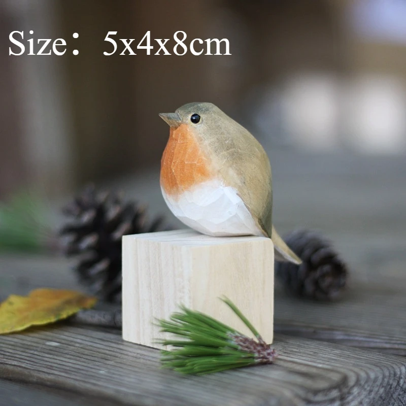 1 PC Artistic Cute Robin Handmade Natural Wood Carving Ornament Wooden Animal Sculpture Home Decor DIY Bird Landscape Decoration