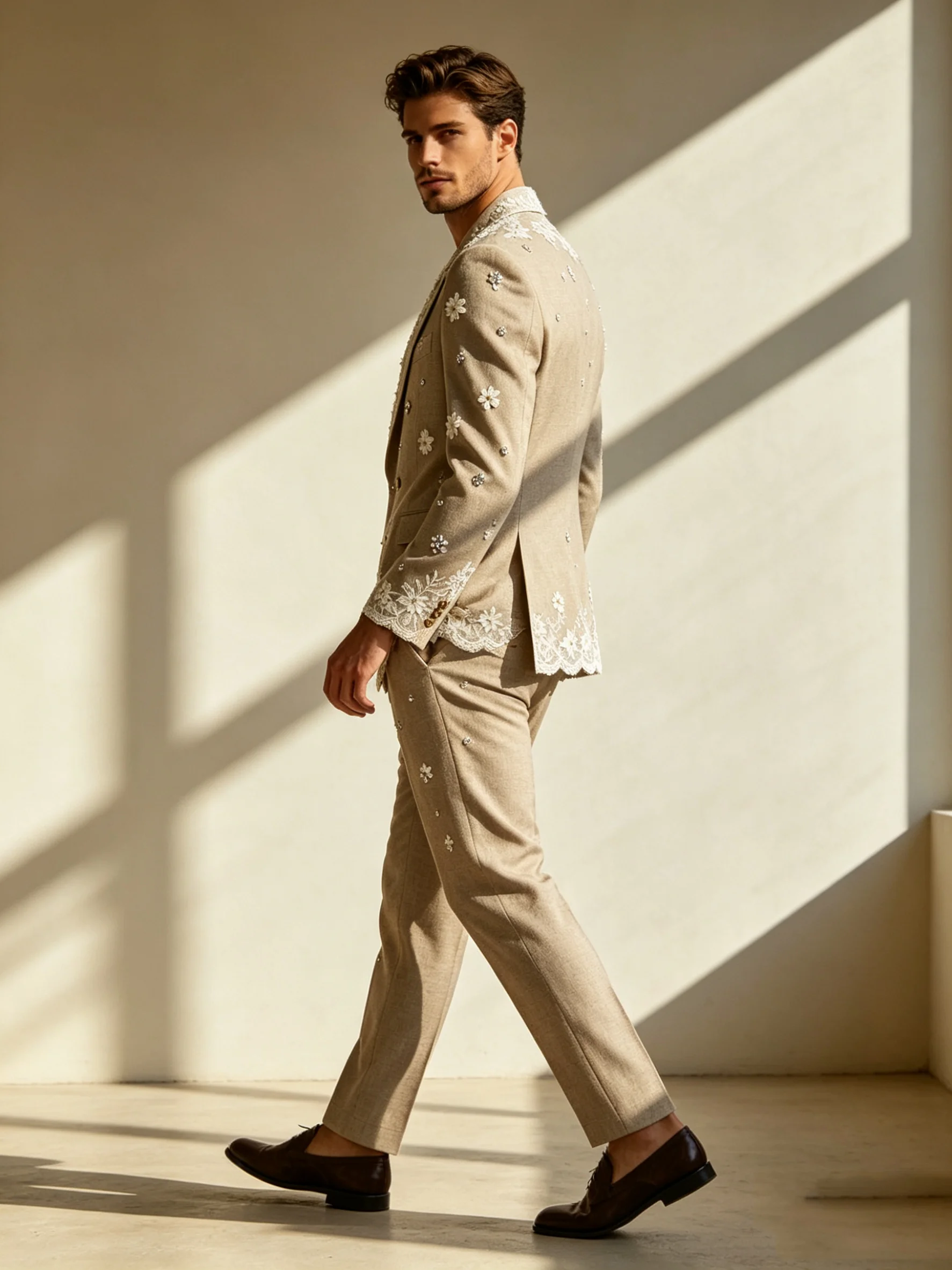 

Floral Beige Men Suit Set 2 Piece Blazer+Pants Cotton Prom Wedding Tuxedos Coat Customized Formal Office Fashion Groom Jacket