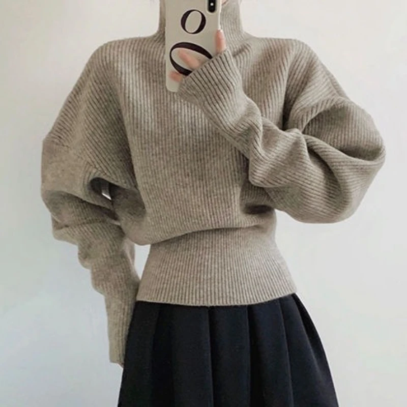 

Deeptown Casual Vintage Turtleneck Sweaters Women Korean Style Oversize Pullover Harajuku Elegant Black Office Loose Sweaters
