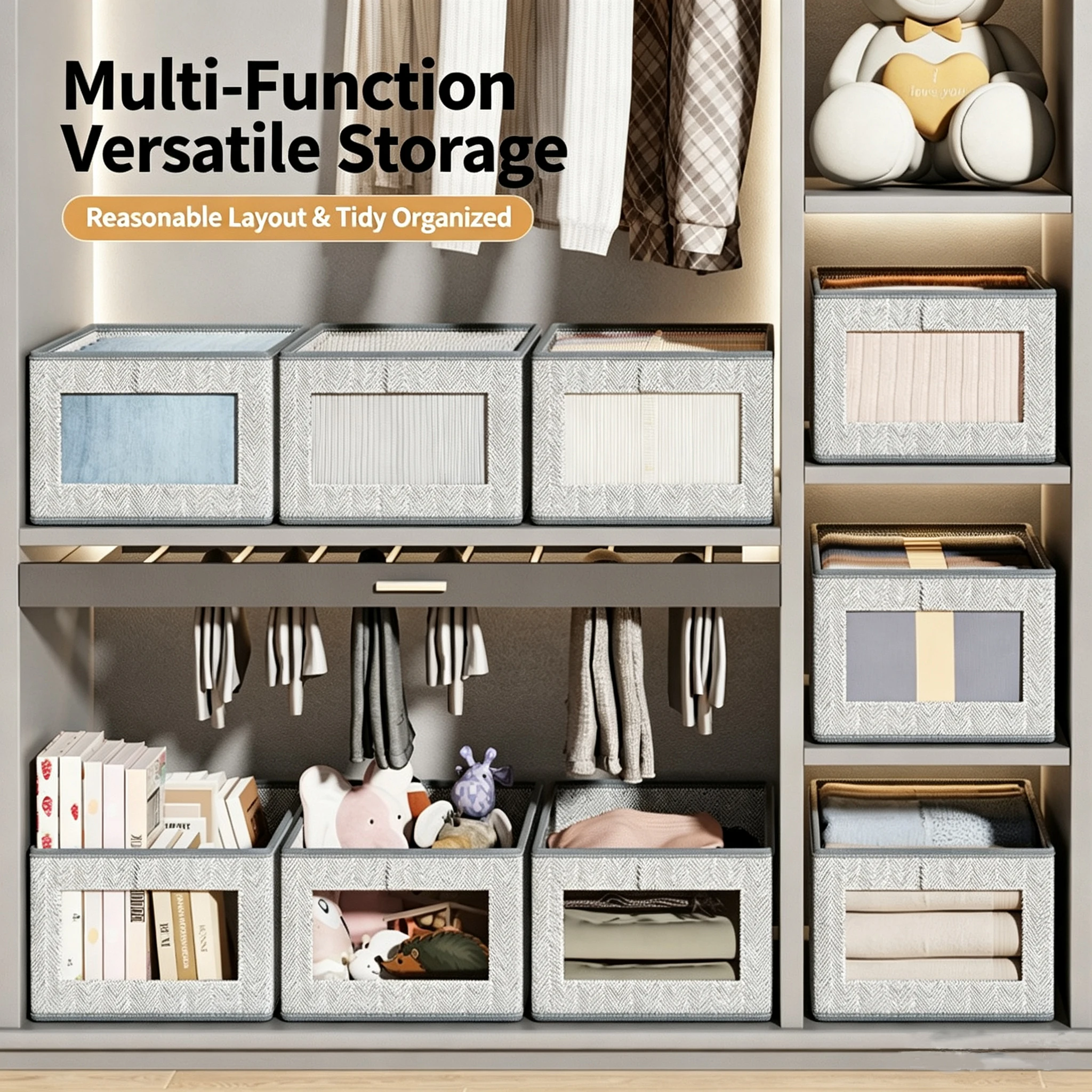 Fabric Clothes Storage Box with Visual Window Foldable Closet Organizer Stackable Drawer Storage Bins for Wardrobe Underwear Soc