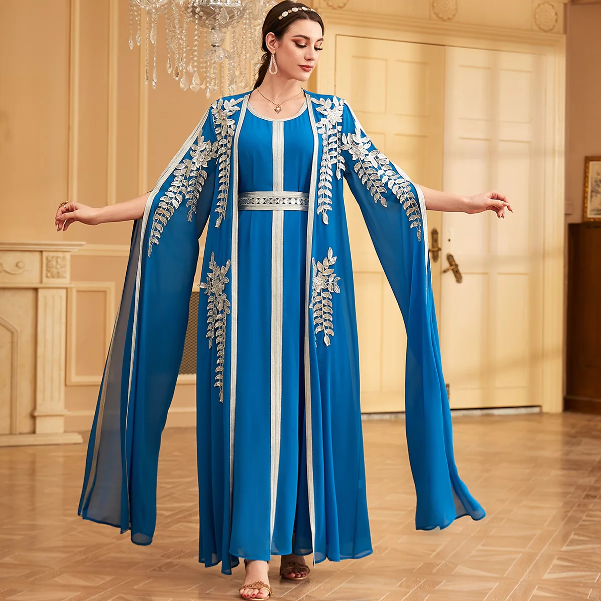 Vestido longo abaya muçulmano do oriente médio para mulheres, moda dubai, robe de duas peças, turquia islam, vestido bordado com apliques