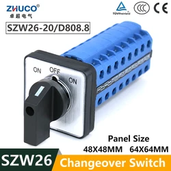 ZHUCO SZW26/LW26-20 3 Position 8 Phase 32 Terminals ON-OFF-ON 20A 660V Universal Rotary Changeover Switch 64X64 48X48 mm Panel