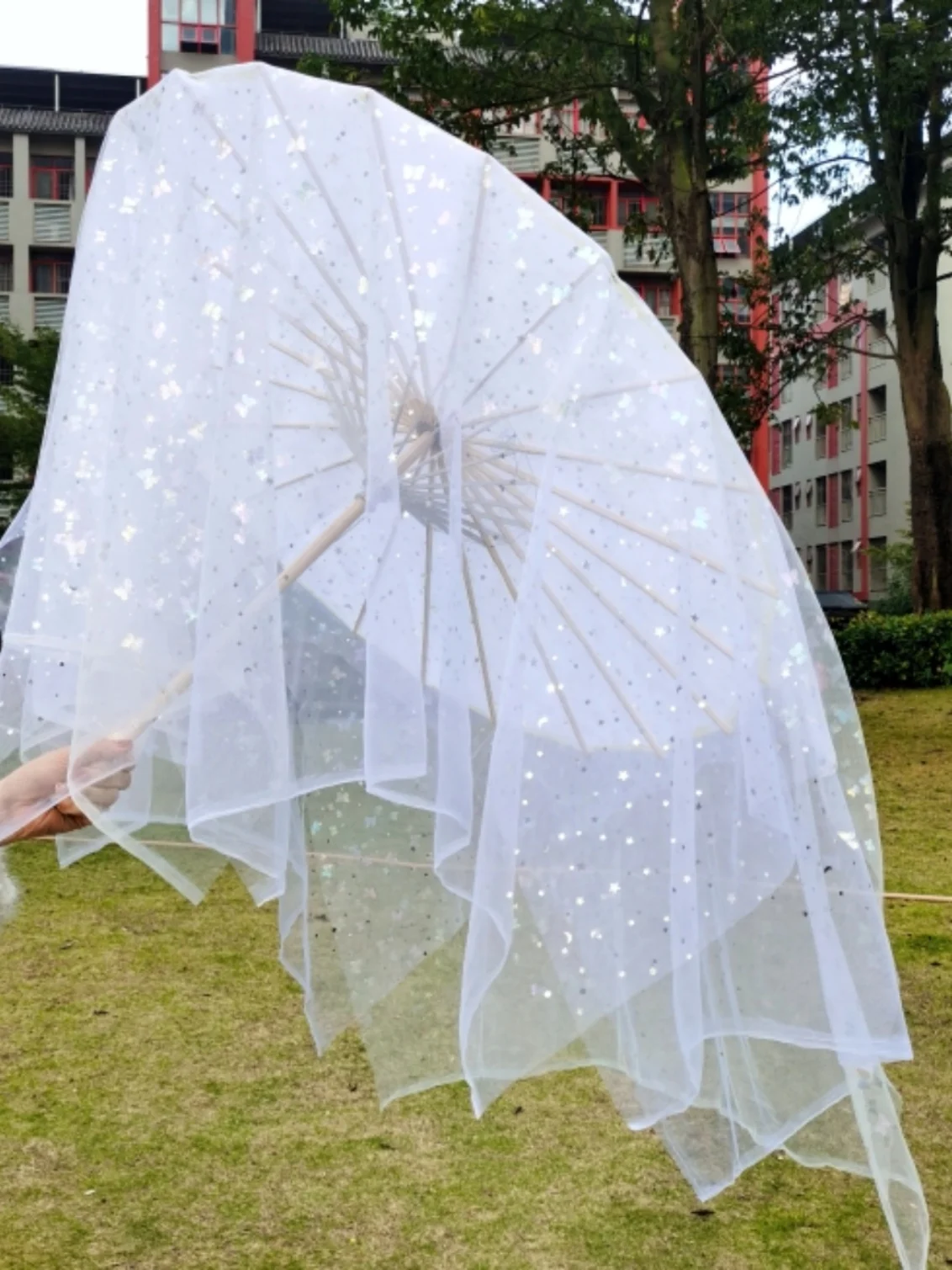 

White Red With Gauze Ancient Style Dance Car Umbrella Shade Fan Chinese Style Dance Show Umbrella Performance Umbrella Parasol