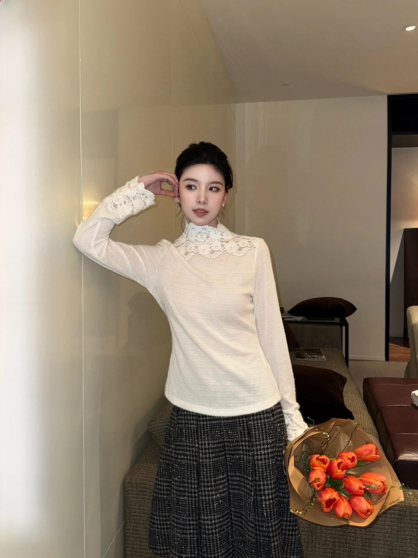 

Корейская кружевная базовая блузка с высоким воротником для женщин, дышащая, комфортная, с длинным рукавом, цветная