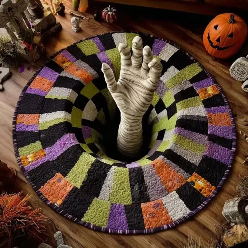 3D Visual Effect Round Halloween Rug Crystal Velvet Halloween Pattern 3D Visual Halloween Area Rug Dotted Plastic Backing
