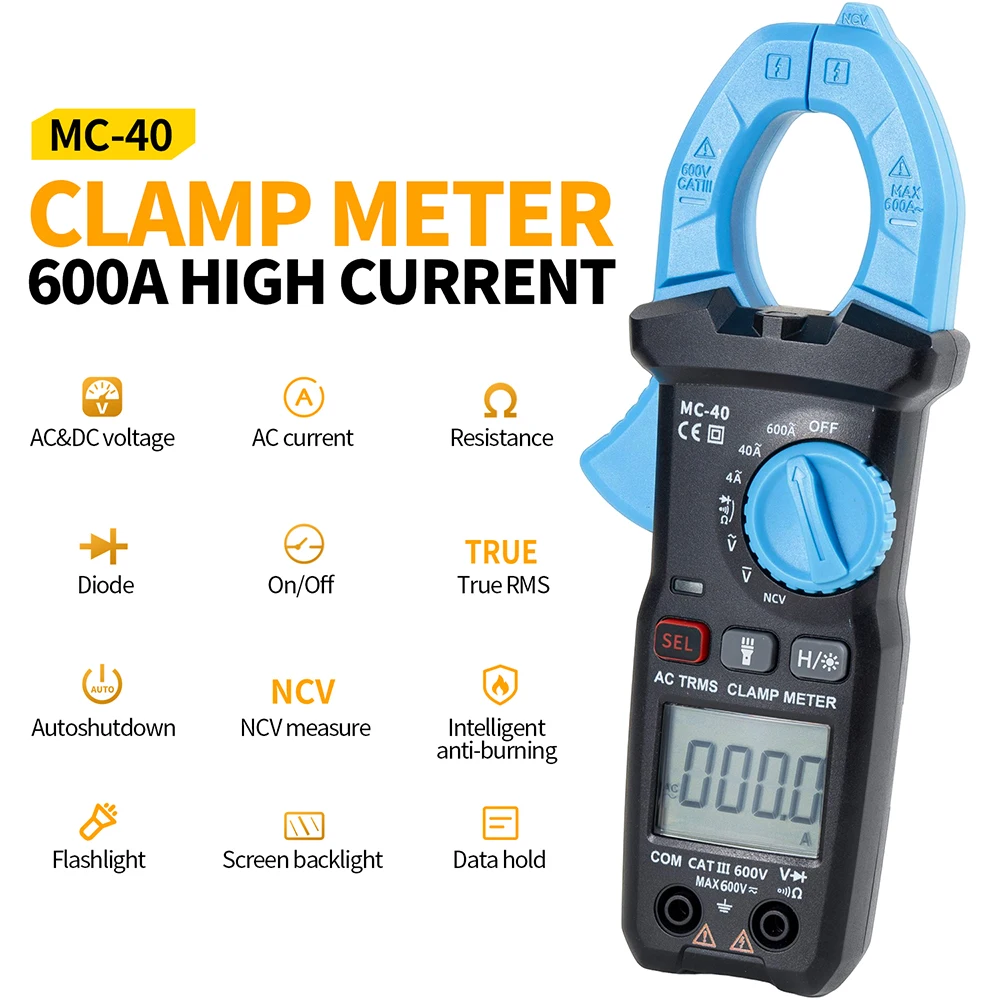 MC-40 Electrician Multimeter Smart Clamp Tool DC AC Voltage 600V AC Current 600A Resistance Diode NCV True RMS Tester Tool