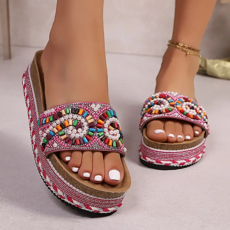 

Fashion Rhinestone Platform Slippers Summer New Round Toe Open Toe Non-slip Wear-resistant Flat Slippers