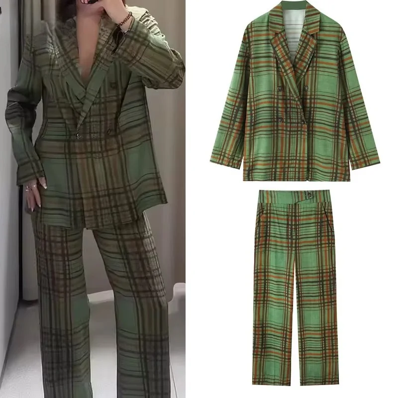 

Chic Plaid Office Lady Woman Suits Double Breasted Loose Blazer+Zipper Pockets Long Pants Fashion 2025 Female Casual Sets