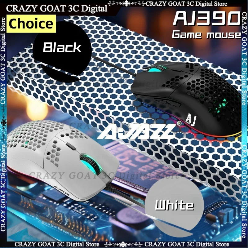 AJAZZ aj390 Wired Mouse Lightweight Paw3338 Adjustable Dpi Rgb Ergonomics 7keys Material E-sports Game Mouse Pc Accessories