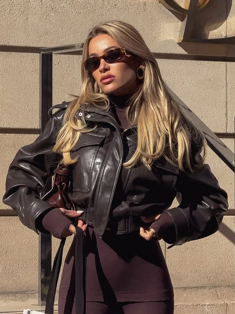 

HH Female New Autumn Sreet Vintage Faux Leather Cropped Jacket Long Sleeves Solid With Pockets Turtleneck Zipper Winter Coats