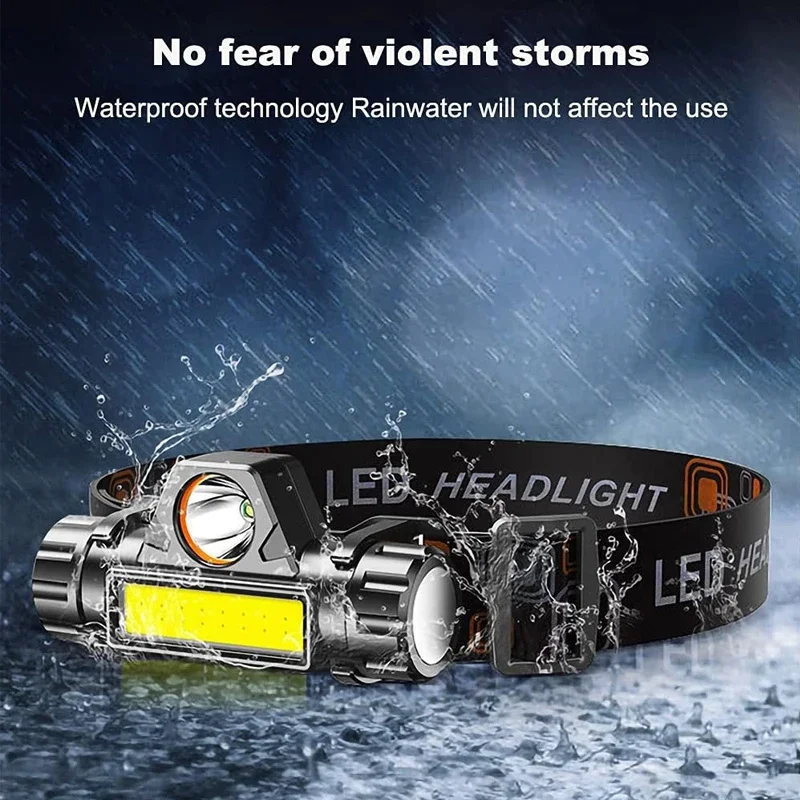 مصباح رأس للجبهة قابل لإعادة الشحن، كشافات LED للمشي ليلاً وشحن USB مقاومة للماء للتخييم والصيد