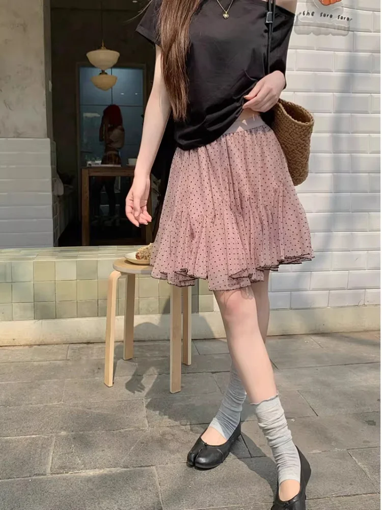 Ballet Style Polka Dot Mesh Skirt Women's Elastic Waist Half Body Spring Slimming Versatile Puffy Skirt Commute High Waist A-...