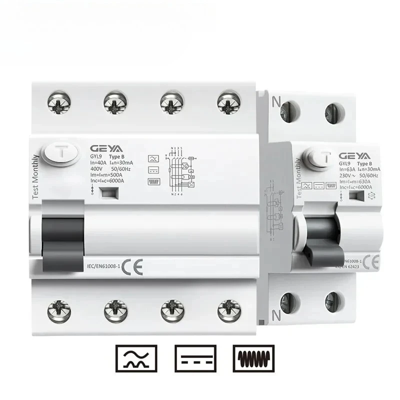 GEYA GYL9 Magnetic B Type RCCB Residual Current Circuit breaker DC ELCB 2P 4P 40A 63A 30mA 100mA 300mA Type B RCD Leakage 6KA