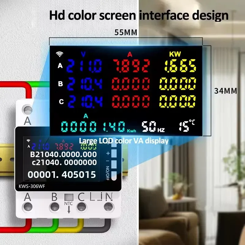 AC 85-290 V/80 A Energie-Leistungsmesser, Farbbildschirm, 3-phasig, 4-Draht-Schienenmesser, Voltmeter, 6 Power-Off-Schutzmessgerät, Fernbedienung