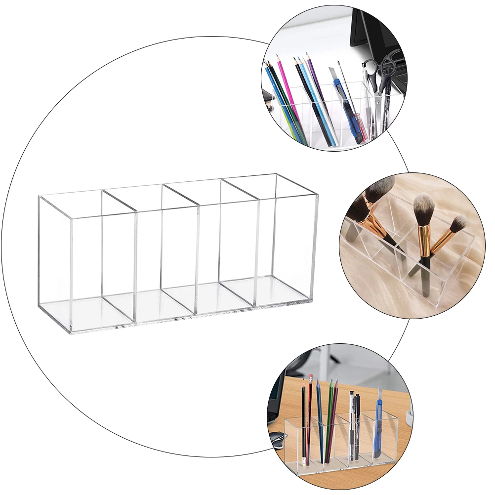 

Acrylic Pen Holder 4 Compartments Desktop Organizer Makeup Storage Holder Cosmetics Jewelry Storage Box