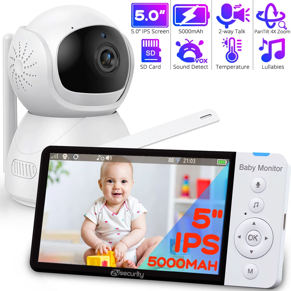 

Video Baby Monitor With PTZ Nanny Camera 5"IPS Screen 5000mAh Battery Babyphone Night Vision 2-way Audio Card Slot Babe Monitors