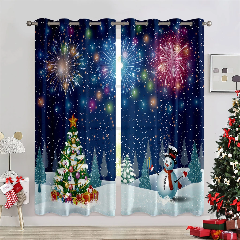 2PCS  Curtains Christmas Santa Claus Elk Christmas Tree Print Curtains Grommet Top  for Bedroom Living Room Window Decoration