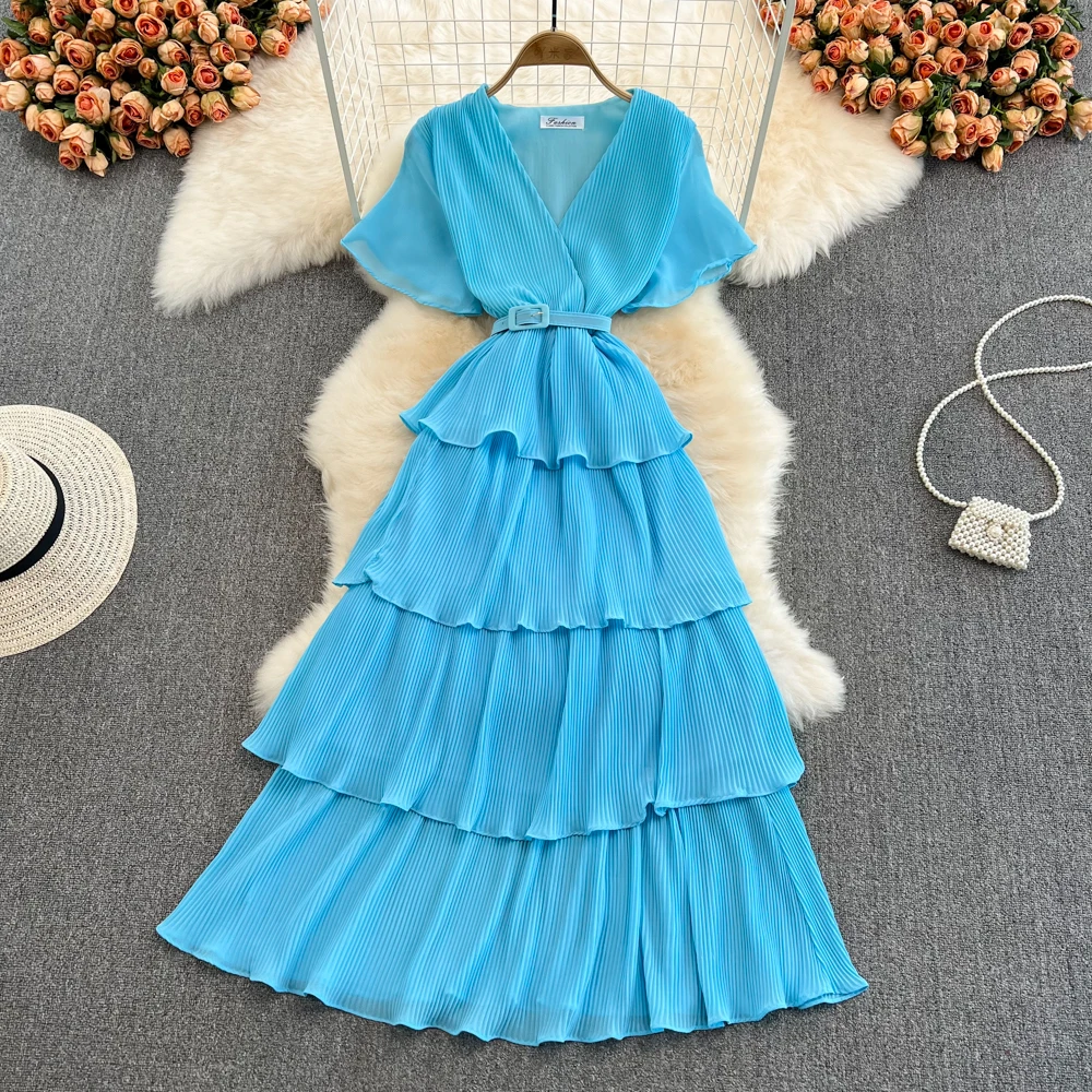 Summer Beach Long Dress Women Elegant V-Neck Short Sleeve Cascading Ruffles Big Swing Vestidos Female Red/Green/Pink Maxi Robe