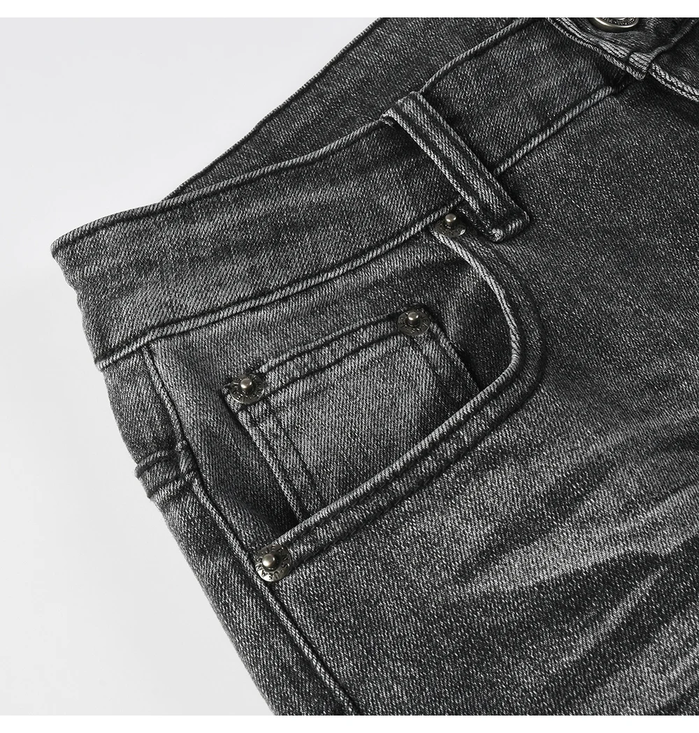 Herren Boot-Cut Denim-Jeans in Grau-Schwarz, Hochwertige Baumwollhose, Klassische Schlanke Stretch-Schlaghose – Detail 6