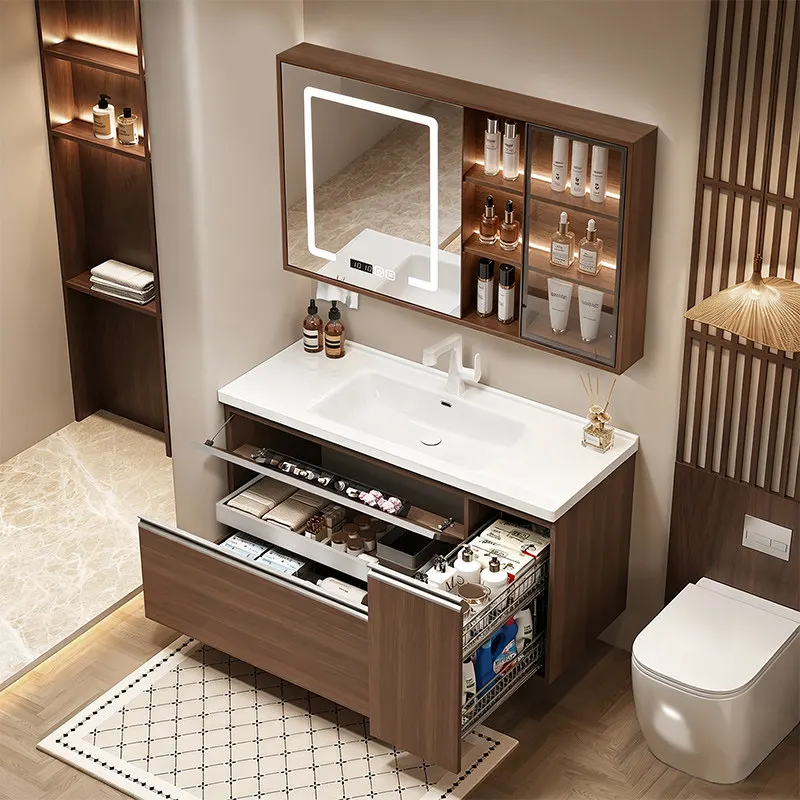 Medieval style pull basket storage smart bathroom cabinet combination ceramic integrated basin bathroom washstand basin cabinet