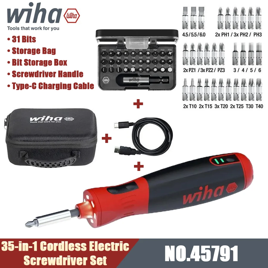 

WIHA 45791 35-in-1 Cordless Electric Screwdriver Set with 31 Bits & Bit Storage Box & Storage Bag & Type-C Charging Cable&Handle