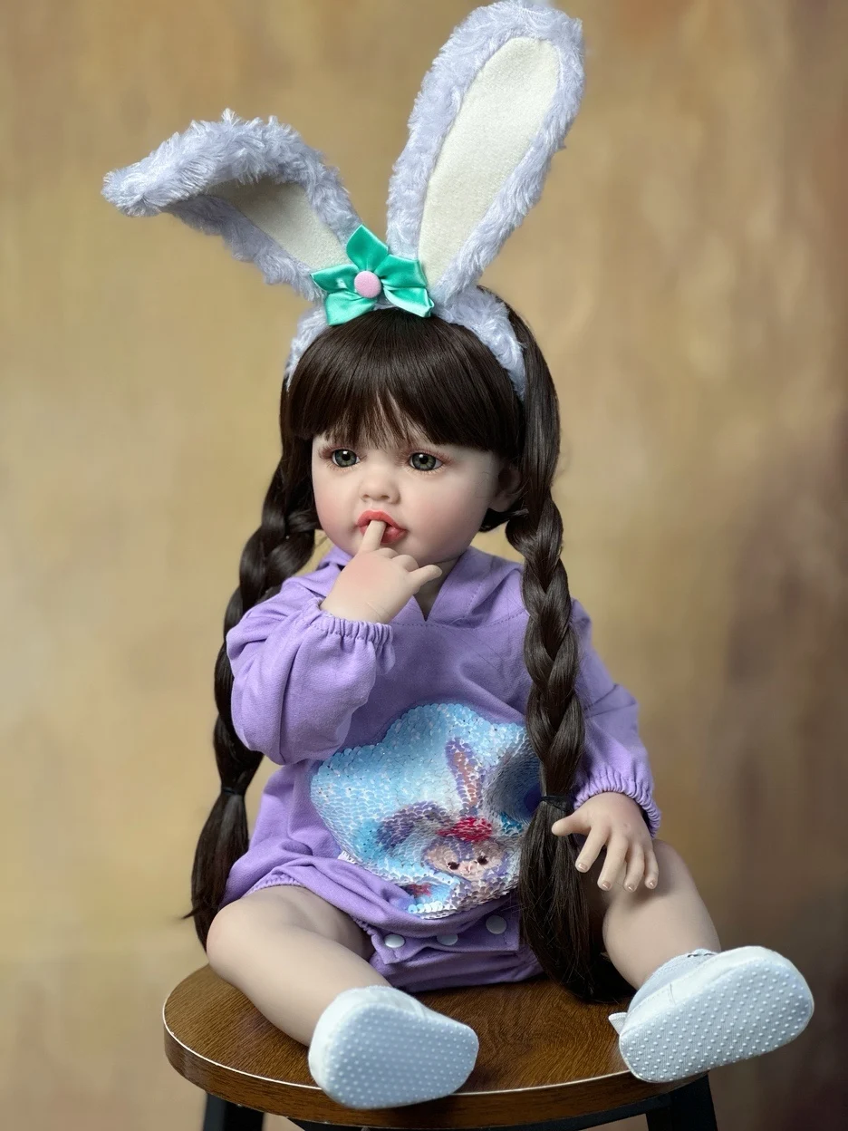 

55 CM 22 Inch Lifelike Realistic Soft Silicone Reborn Baby Girl Doll Long Brown Hair Princess Toddler Bebe Christmas Gift