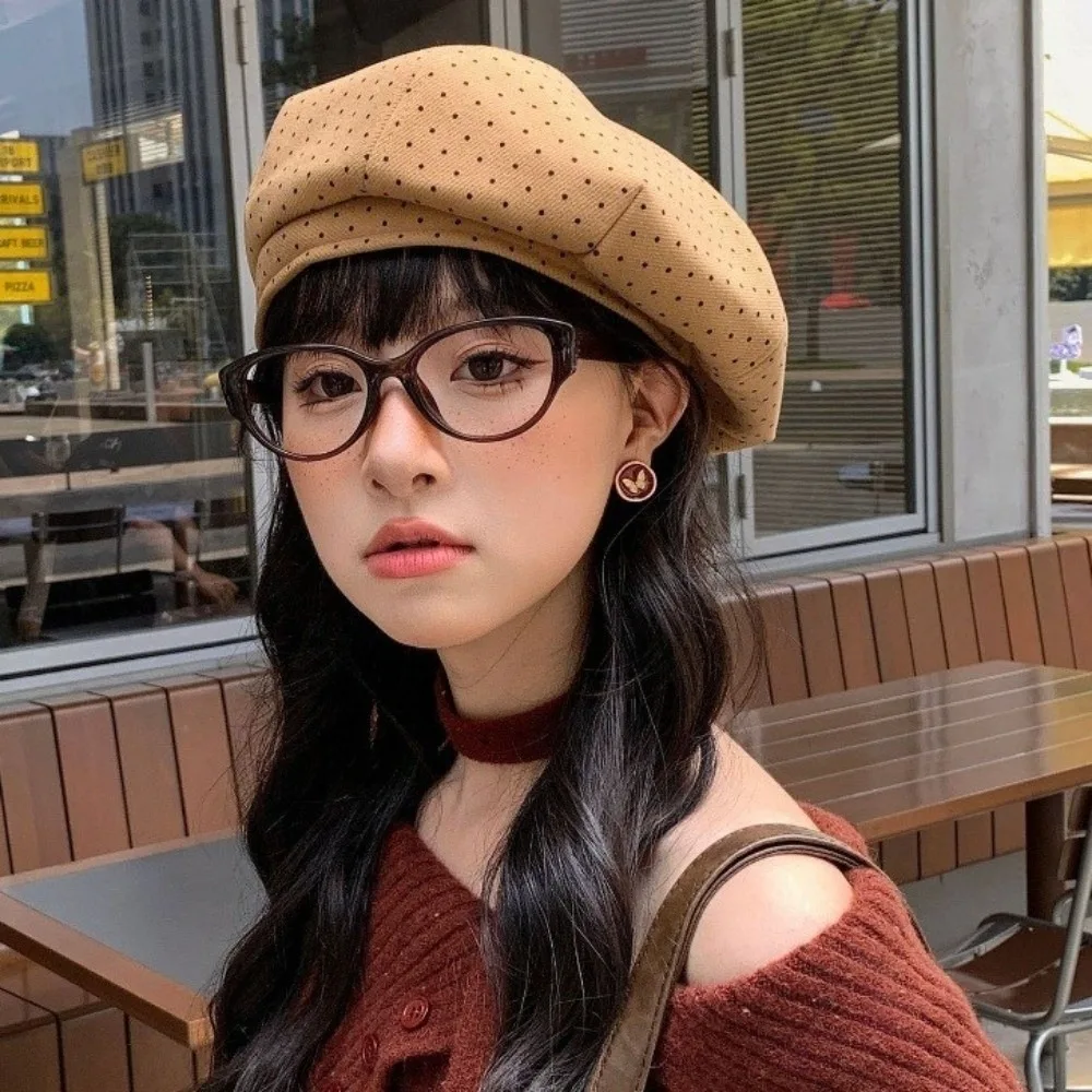 

Ретро-берет из хлопка в горошек, теплый, в корейском стиле, женская шляпа-хамелеон, универсальная женская восьмиугольная кепка