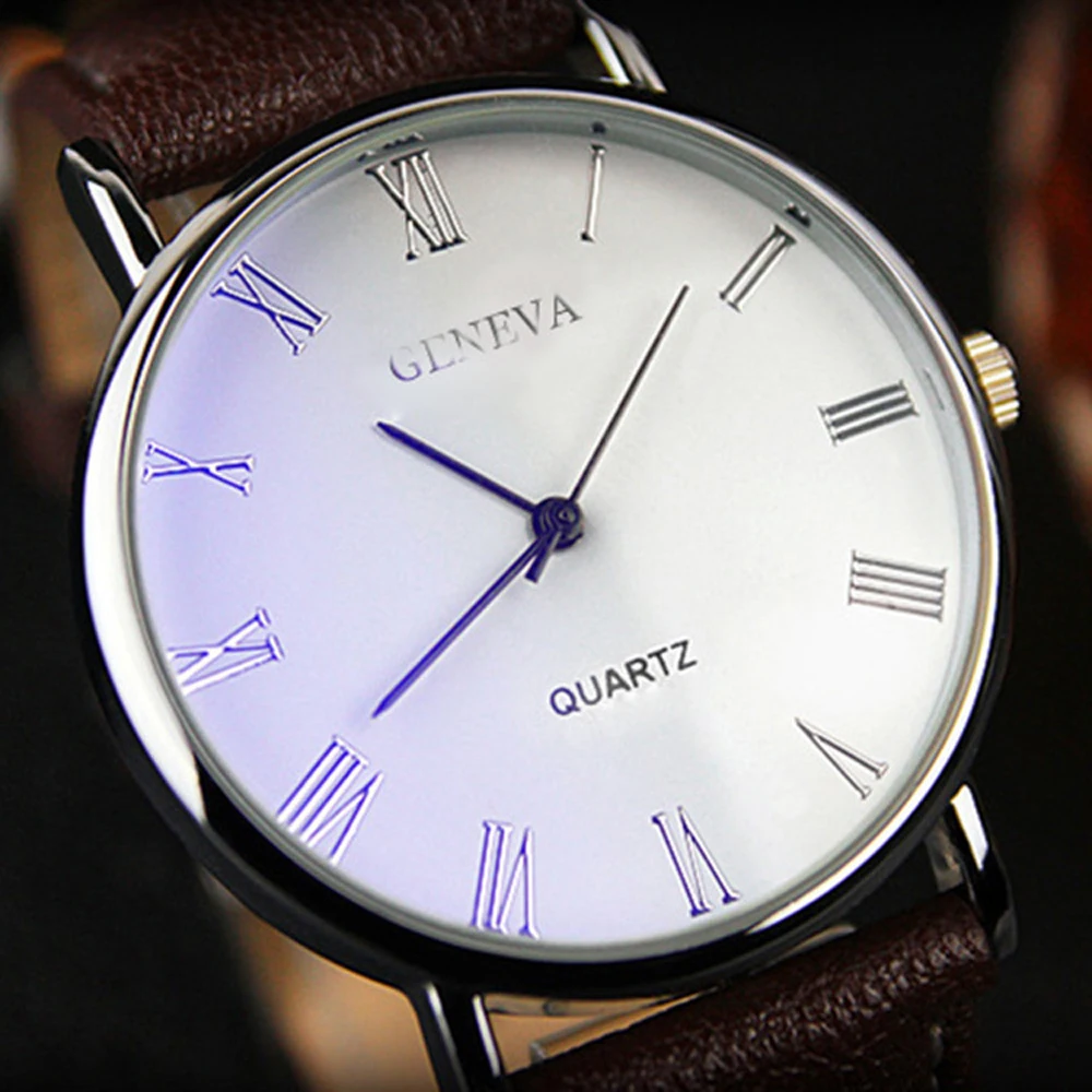 Men Watch Roman Numerals Blu-Ray Faux Leather Band Quartz Analog Business WristWatch 2022