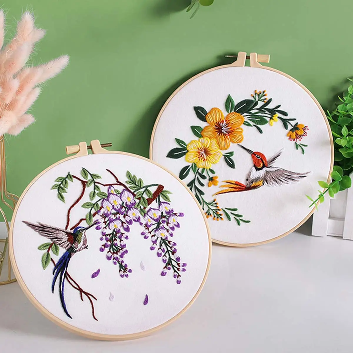Unfinished Embroidery Starter Kit Hummingbird Flowers Design Sewing Set with Instructions Easy Hand Sewing Project for Beginners