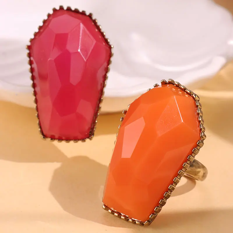 Exaggerated Abnormal Irregular Orange Rose red Resin Metal Chunky Ring for Women Girl Vintage Jewelry HUANZHI 2024 NEW INS