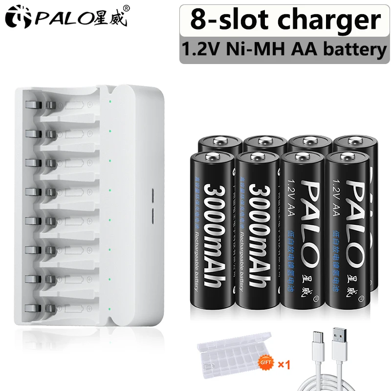 

PALO AA Battery NIMH AA 3000mAh 1.2V 2A Rechargeable Batteries with 8-slots Smart Mix-Charge smart USB AA/AAA Battery Charger