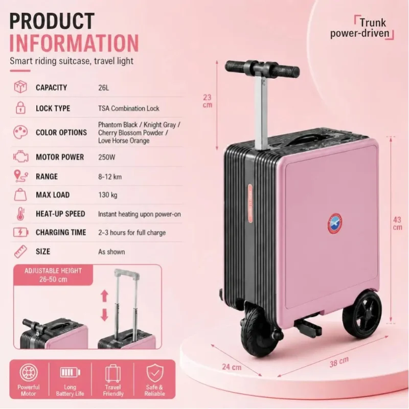 20-Zoll-Elektro-Reisekoffer, handgepäcktauglich, mit TSA-Schloss und abnehmbarem Akku für Geschäftsreisen, rosa