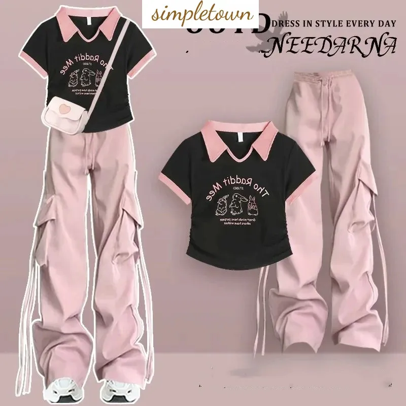 

Spring/Summer Fashion Women's Set 2024 New Korean Edition Dopamine Wearing Pink Work Pants Age Reducing Two Piece Set