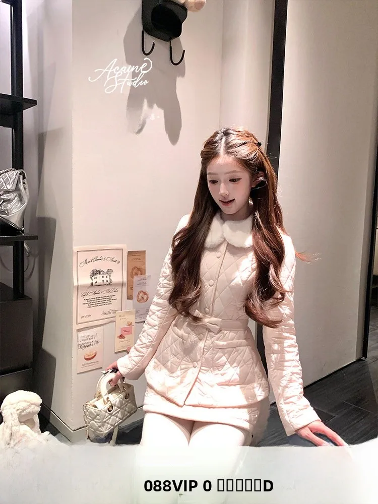

Pink Doll Collar Cotton Jaet And A-Line Skirt Set Women's Winter Faion Two-Piece Suit Sweet Sle Long Sve Cotton...
