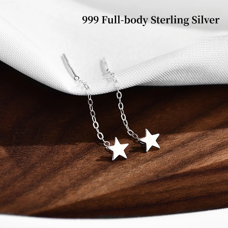 999 Silver Threader Earrings – Fresh Sweet Minimalist Korean-Style Short Chain Design, Hypoallergenic Elegant for Women