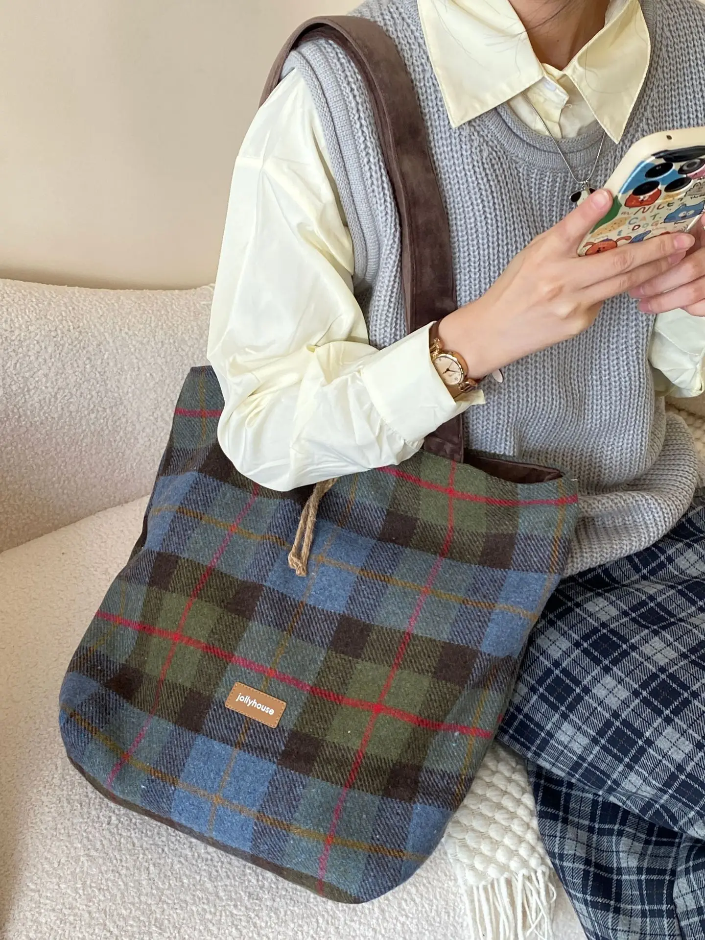 Vintage Plaid Ladies Christmas Shoulder Bags Large Capacity Female Red Tote Handbags Simple Retro Women\'s Woolen Underarm Bag