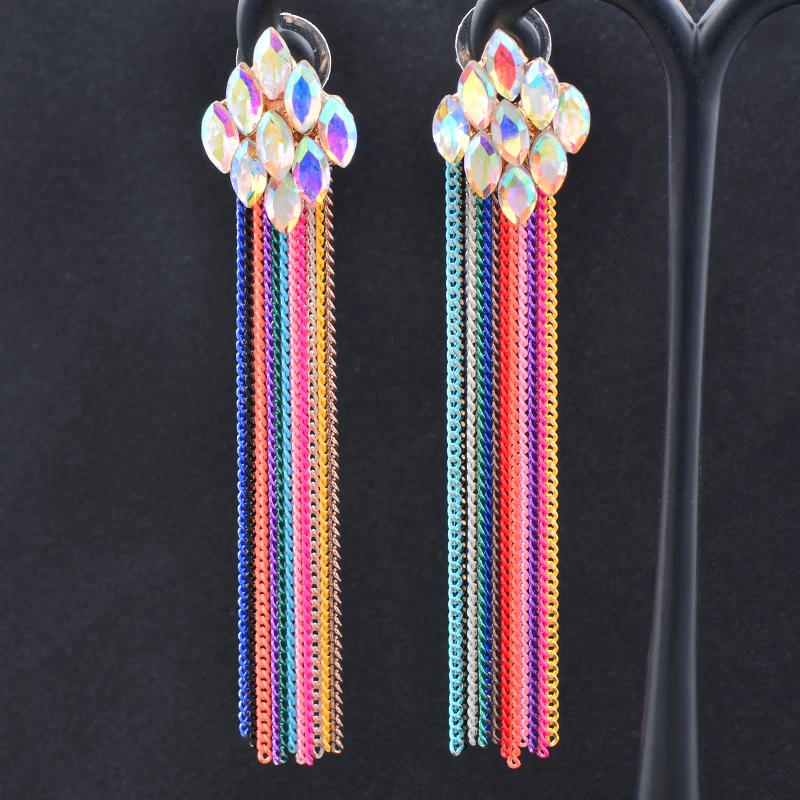 SINLEERY Vintage Boho Colorful Cubic Zirconia Long Tassel Earrings For Women accessoire plage femme ES065