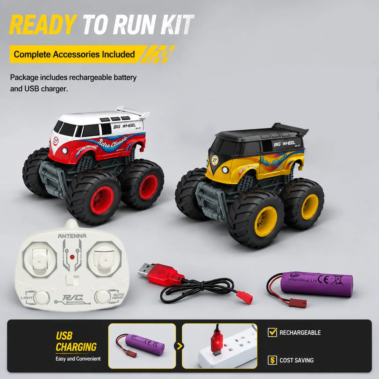1:64 RC Dinosaur Monster Truck 2.4GHz Remote Control Car LED Light All-Terrain Off-Road Vehicle Rechargeable Toy for Boy Kids