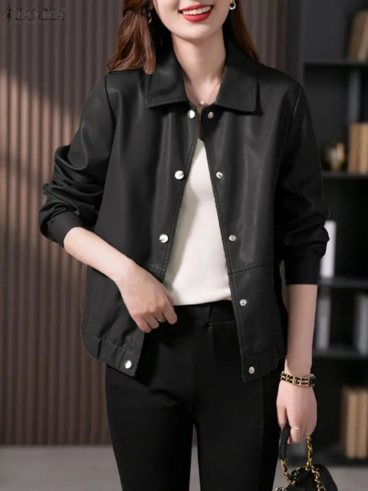 

Стильные женские куртки ZANZEA 2022, осенние пальто из искусственной кожи, облегающие офисные верхние одежды с длинными рукавами, пуховики с лацканами и пуговицами