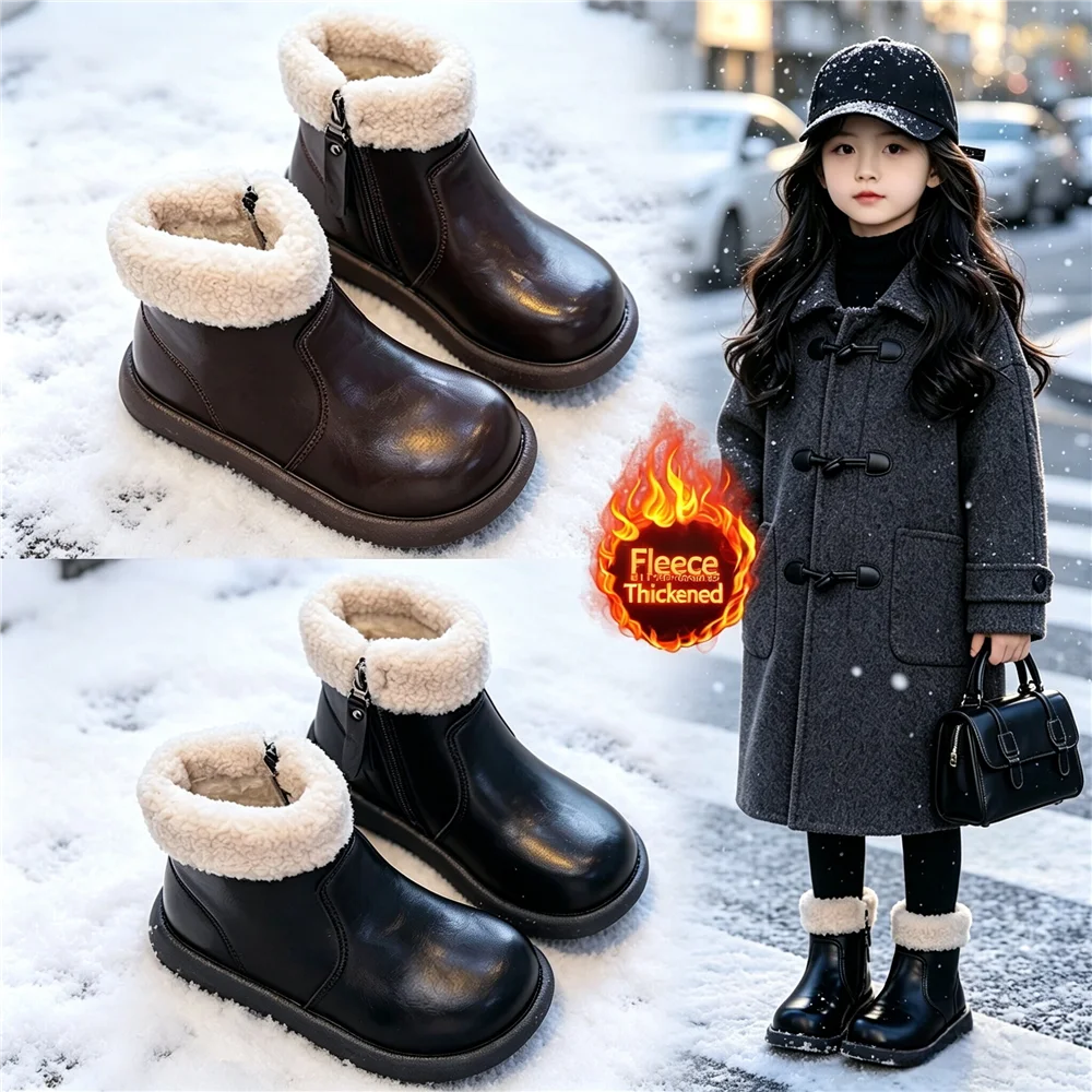 Little Girls Fleece Lined Ankle Boots, Side Zipper Warm Winter Shoes, Non Slip Thick Sole Snow Boots for Daily Outdoor