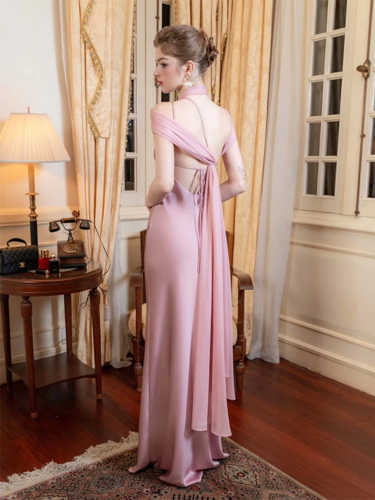 

Women's Satin Backless Maxi Dress Sexy Halter Flowy Chiffon Sleeves Off Shoulder Formal Gown Elegant Evening Party Dresses 2026