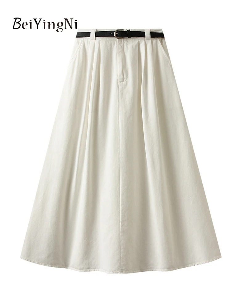 

Beiyingni Korean Retro Style A-line Mid-Calf Skirts Women Washed Cotton White New Fashion Leisure Elastic Waist Long Skirt Belt